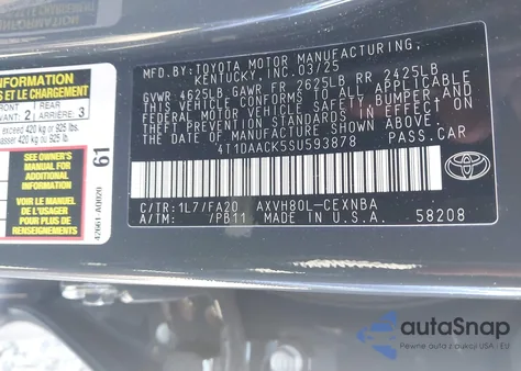 2025 Toyota Camry Le z USA, uszkodzony, nr VIN 4T1DAACK5SU593878